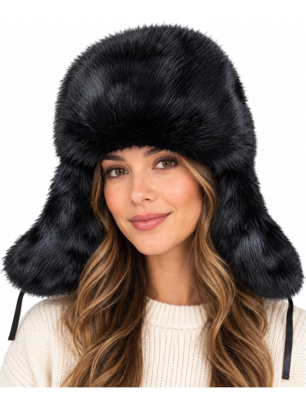 Black Faux Fur Ushanka Trapper Hat Womens XL Quilted Lined Ear Flap Winter Cap⁠
